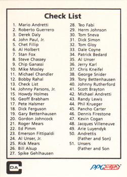 1985 A & S Racing Indy #13 Checklist Front
