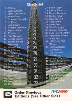 1986 A & S Racing Indy #50 Checklist Front