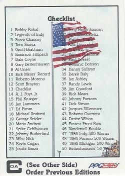 1987 A & S Racing Indy #13 Checklist Front