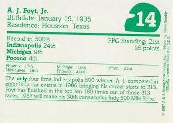 1987 A & S Racing Indy #14 A.J. Foyt Back