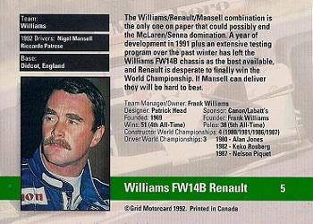 1992 Grid Formula 1 #5 Williams/Mansell Back