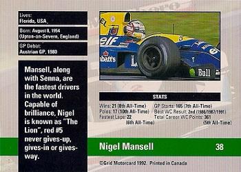 1992 Grid Formula 1 #38 Nigel Mansell Back