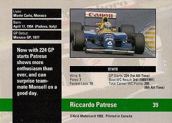 1992 Grid Formula 1 #39 Riccardo Patrese Back