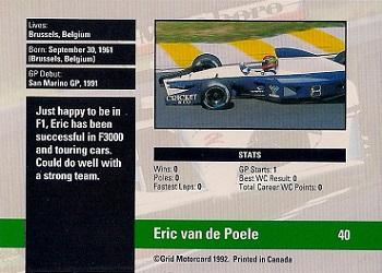 1992 Grid Formula 1 #40 Eric van de Poele Back