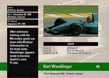 1992 Grid Formula 1 #49 Karl Wendlinger Back