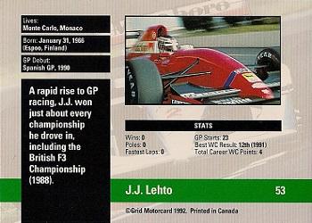 1992 Grid Formula 1 #53 J.J. Lehto Back