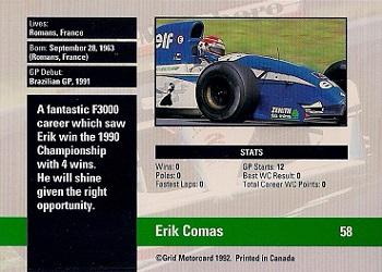 1992 Grid Formula 1 #58 Erik Comas Back