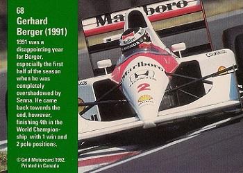 1992 Grid Formula 1 #68 Gerhard Berger Back
