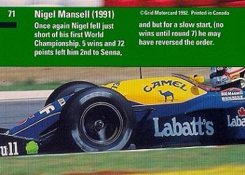 1992 Grid Formula 1 #71 Nigel Mansell Back