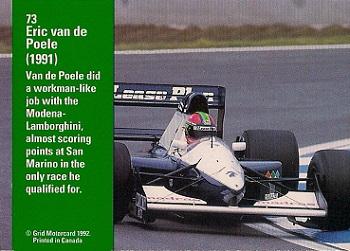 1992 Grid Formula 1 #73 Eric van de Poele Back