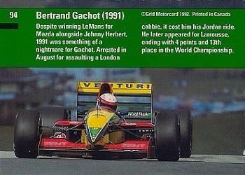 1992 Grid Formula 1 #94 Bertrand Gachot Back