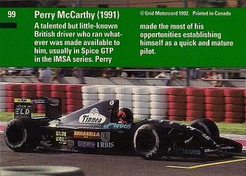 1992 Grid Formula 1 #99 Perry McCarthy Back