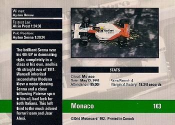 1992 Grid Formula 1 #103 Monaco GP Back