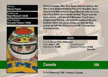 1992 Grid Formula 1 #104 Canadian GP Back