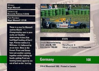 1992 Grid Formula 1 #108 German GP Back