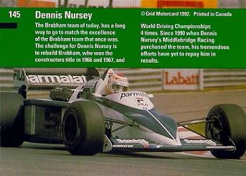 1992 Grid Formula 1 #145 Dennis Nursey Back