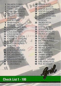 1992 Grid Formula 1 #158 Checklist 1-100 Front