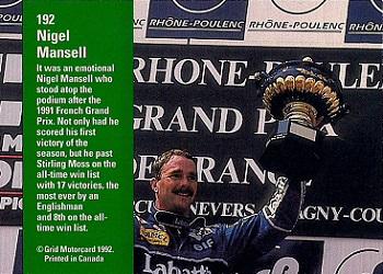 1992 Grid Formula 1 #192 July 7, 1991/Mansell/Magny Cours Back