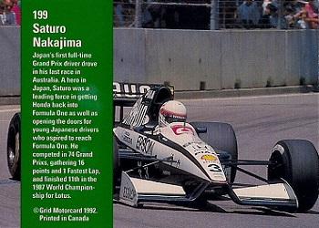 1992 Grid Formula 1 #199 November 3, 1991/Nakajima/Adelaide Back