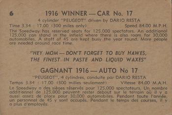 1960 Parkhurst Hawes Wax Indianapolis Speedway Winners (V338-2) #6 Dario Resta Back