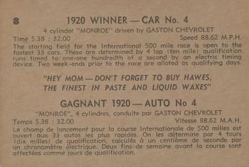 1960 Parkhurst Hawes Wax Indianapolis Speedway Winners (V338-2) #8 Gaston Chevrolet Back