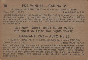1960 Parkhurst Hawes Wax Indianapolis Speedway Winners (V338-2) #10 Jimmy Murphy Back