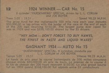 1960 Parkhurst Hawes Wax Indianapolis Speedway Winners (V338-2) #12 L.L. Corum / Joe Boyer Back