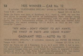 1960 Parkhurst Hawes Wax Indianapolis Speedway Winners (V338-2) #13 Peter DePaolo Back