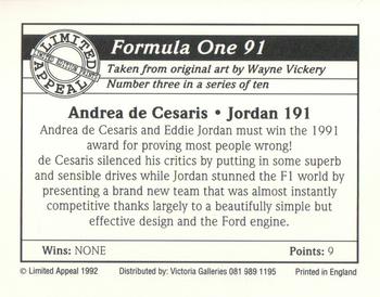 1992 Limited Appeal Formula One 91 #3 Andrea De Cesaris Back