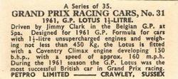 1962 Petpro Limited Grand Prix Racing Cars #31 Jimmy Clark Back