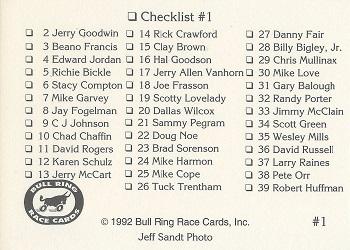1992 Bull Ring #1 Checklist Back
