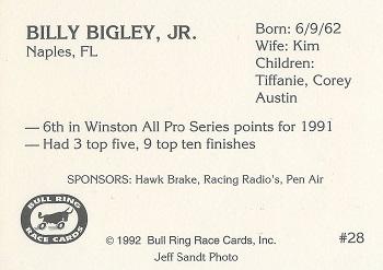 1992 Bull Ring #28 Billy Bigley Jr. Back