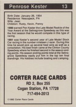 1992 Corter Selinsgrove and Clinton County Speedways #13 Penrose Kester Back