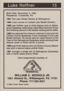 1992 Corter Selinsgrove and Clinton County Speedways #15 Luke Hoffner Back
