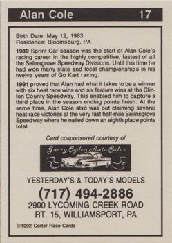 1992 Corter Selinsgrove and Clinton County Speedways #17 Alan Cole Back