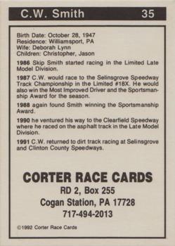 1992 Corter Selinsgrove and Clinton County Speedways #35 C.W. Smith Back