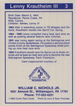 1993 Corter Clinton County & Selinsgrove Speedway #3 Lenny Krautheim III Back