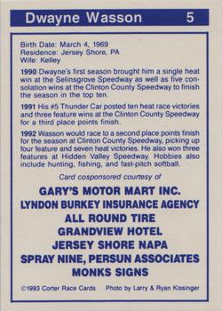 1993 Corter Clinton County & Selinsgrove Speedway #5 Dwayne Wasson Back