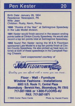 1993 Corter Clinton County & Selinsgrove Speedway #20 Pen Kester Back