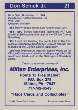 1993 Corter Clinton County & Selinsgrove Speedway #21 Don Schick, Jr. Back