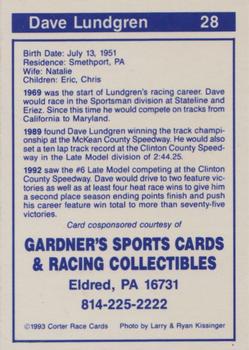 1993 Corter Clinton County & Selinsgrove Speedway #28 Dave Lundgren Back