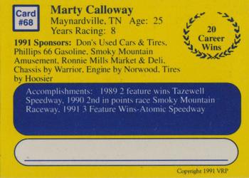 1991 Volunteer Racing Dirt Trax #68 Marty Calloway Back