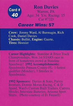 1992 Volunteer Racing Dirt Trax #40 Ron Davies Back