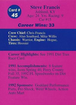 1992 Volunteer Racing Dirt Trax #45 Steve Francis Back