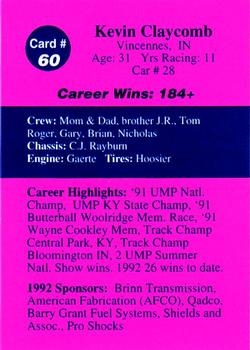 1992 Volunteer Racing Dirt Trax #60 Kevin Claycomb Back