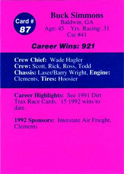 1992 Volunteer Racing Dirt Trax #87 Buck Simmons Back