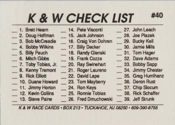 1994 K & W Dirt Track #40 K&W Check List Back