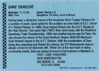 1992 Langenberg Flash Rockford Speedway #NNO Dave Ebrecht Back