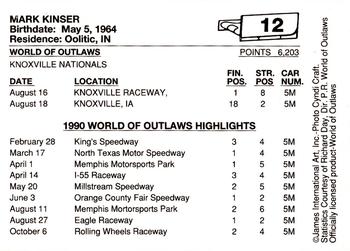 1990 World of Outlaws #12 Mark Kinser Back