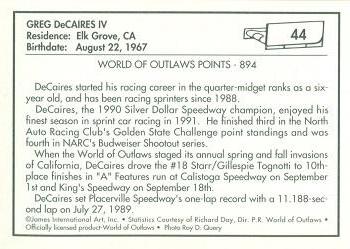 1991 World of Outlaws #44 Greg DeCaires IV Back